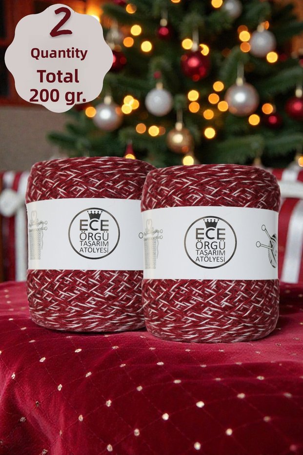 Burgundy - White Twisted Marbled, Lint-Free, Shiny, Acrylic Viscose Winter Knitting Yarn (200 Gr.)