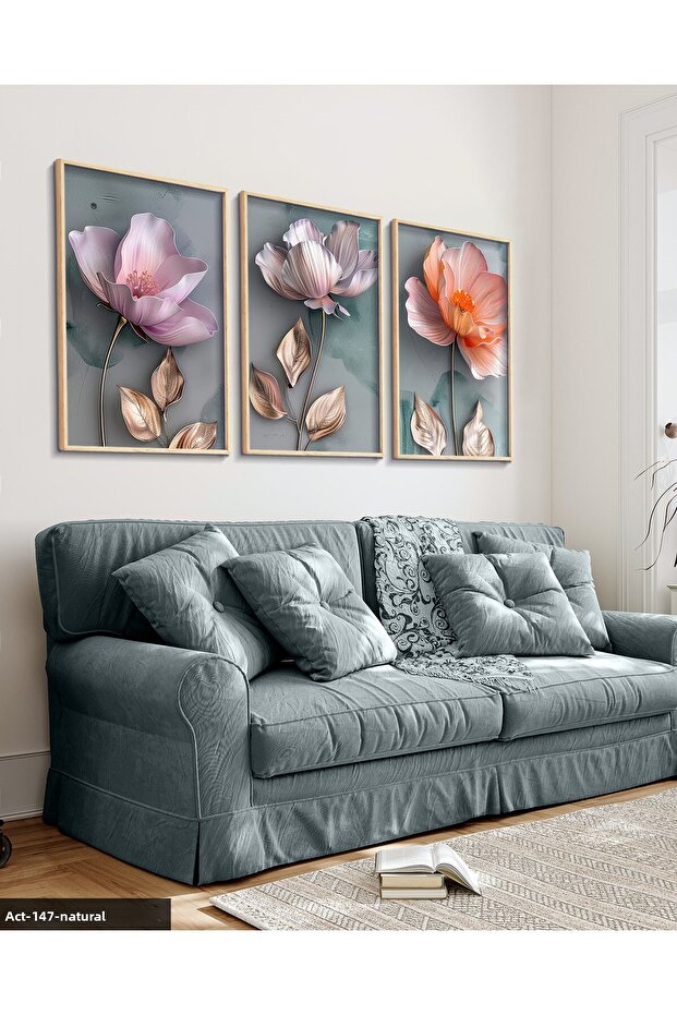 Gold Leaf Pink and Orange Flowers 3 Piece Wooden Framed Painting Act