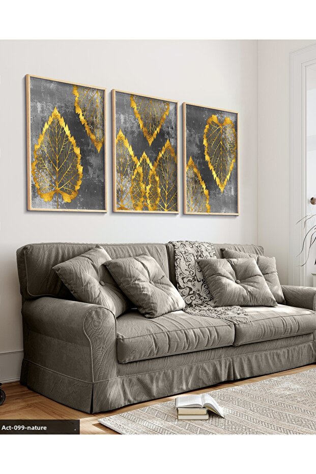 Gold Detailed Leaf 3 Piece Wooden Framed Painting Act