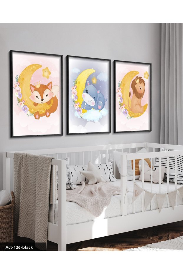 Animal Themed Children's Room 3 Piece Black Wooden Framed Painting Act