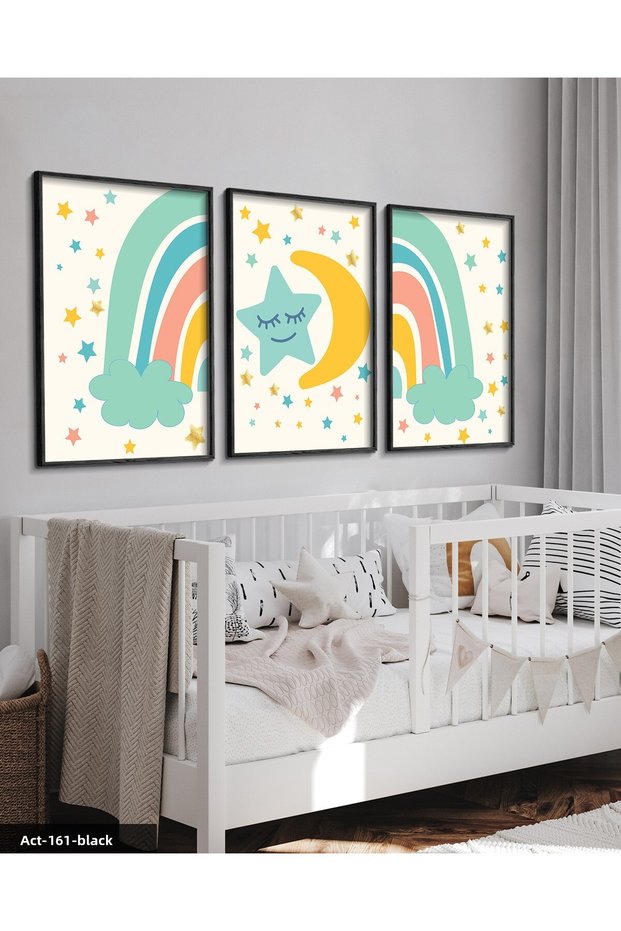 Colorful Stars and Rainbow 3 Piece Black Wooden Framed Painting Act
