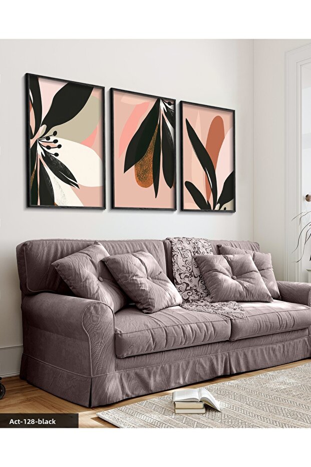Black Petal Flower on Pink Background 3 Piece Black Wooden Framed Painting Act