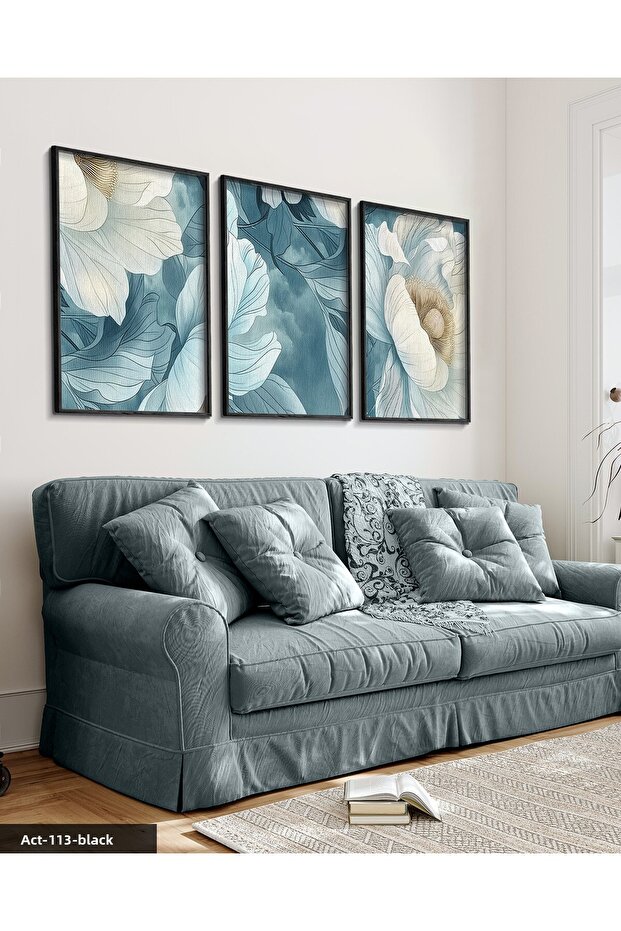 White Flower on Blue Background 3 Piece Black Wooden Framed Painting Act