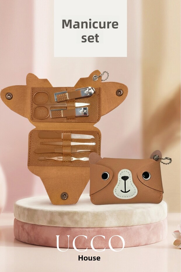 Cute Teddy Bear Manicure Set 7 Piece Nail Care Kit. Mini Kit with Keychain - Travel Manicure Set