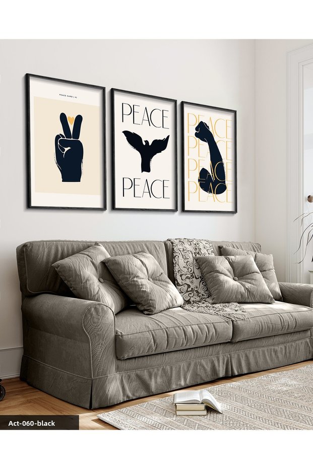 Peace, Barış 3 Piece Black Wooden Framed Painting