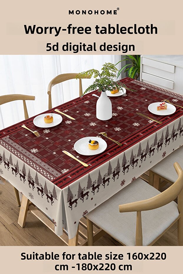 مفرش طاولة عيد الميلاد - تصميم رقمي خماسي الأبعاد منسوج خصيصًا بنقش الغزلان الحمراء