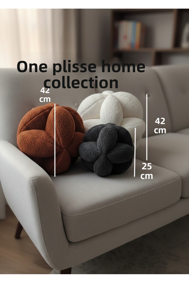 3-Piece Knitted Ball Throw Pillow Set XXL Size Welsoft Fabric Living Room Pillow Brick Ecru Anthracite Decorative Knot