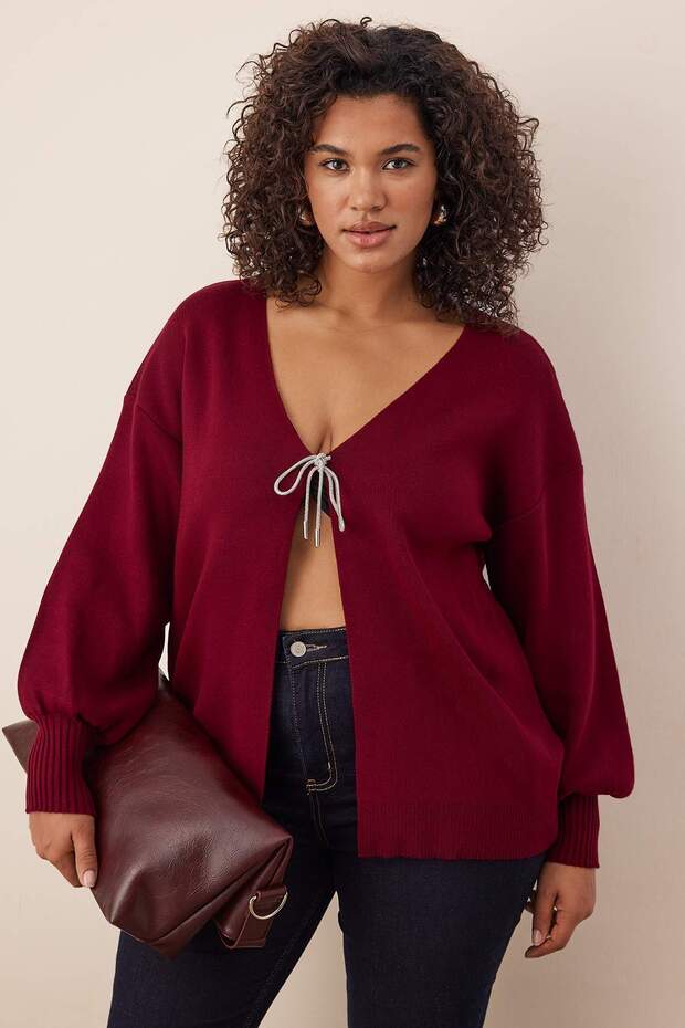Bordo Fiyonk/Kurdele Detaylı Triko Hırka TBBAW26AV00011 - 1