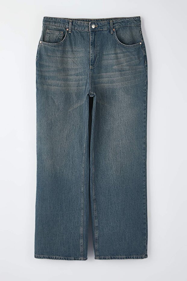 Indigo Yüksek Bel Wide Leg/Geniş Paça %100 Pamuk Non-Stretch Büyük Beden Jeans TBBAW26CJ00002 - 5