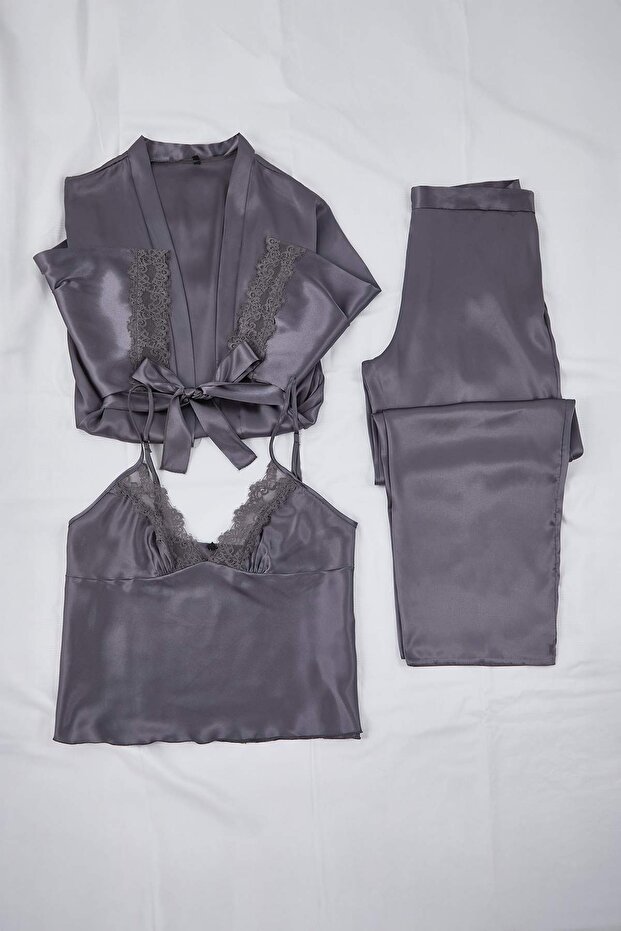 Antrasit 3'lü Çeyiz Set Dantel Detaylı Saten Dokuma Pijama Takımı TBBAW26AI00056 - 5