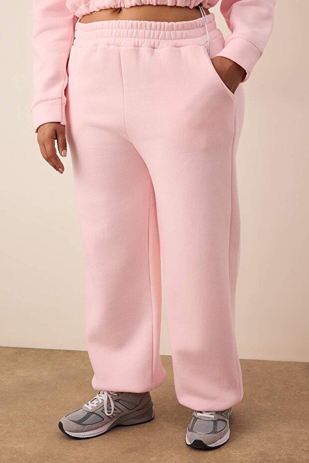 Pembe Crop Boy Beli Lastikli Ayarlanabilir İçi Polarlı Büyük Beden Eşofman Takımı TBBAW26TS00012 - 3