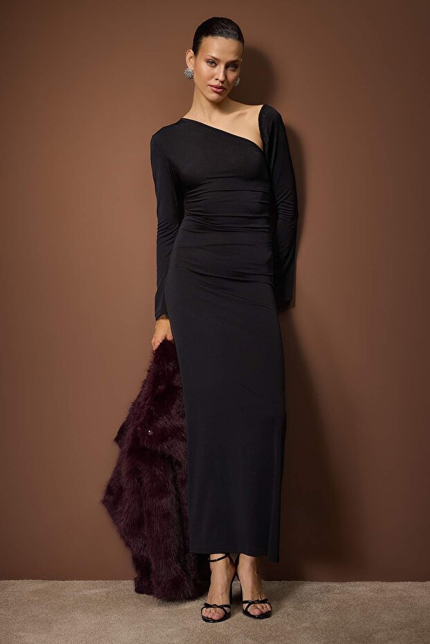 Siyah Örme Maxi Abiye & Mezuniyet Elbisesi TPRAW26AE00019 - 1