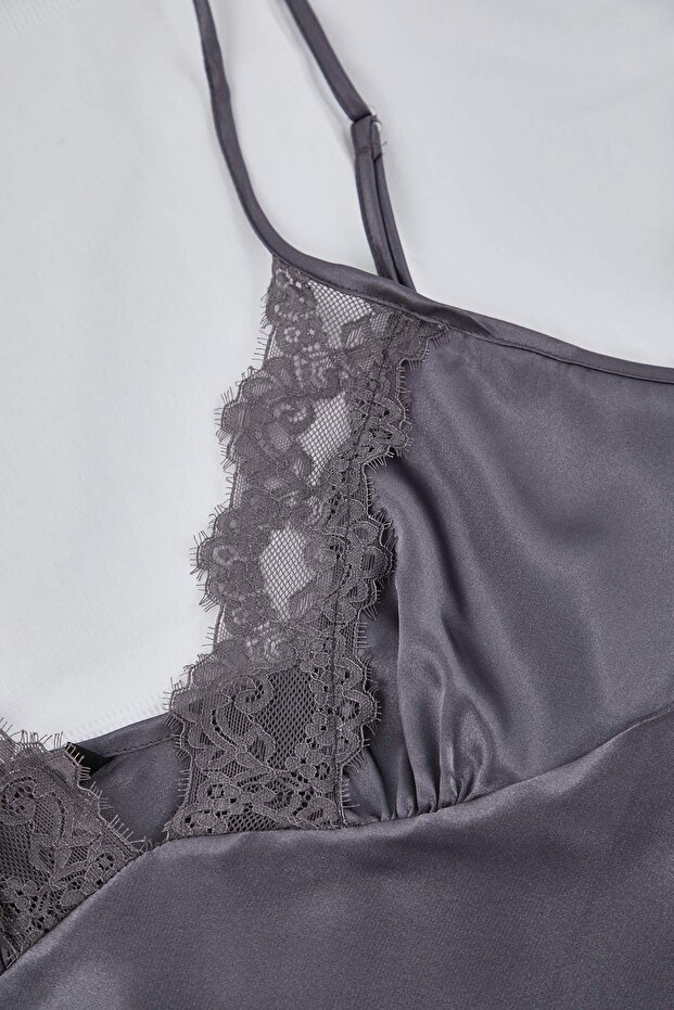 Antrasit 3'lü Çeyiz Set Dantel Detaylı Saten Dokuma Pijama Takımı TBBAW26AI00056 - 9