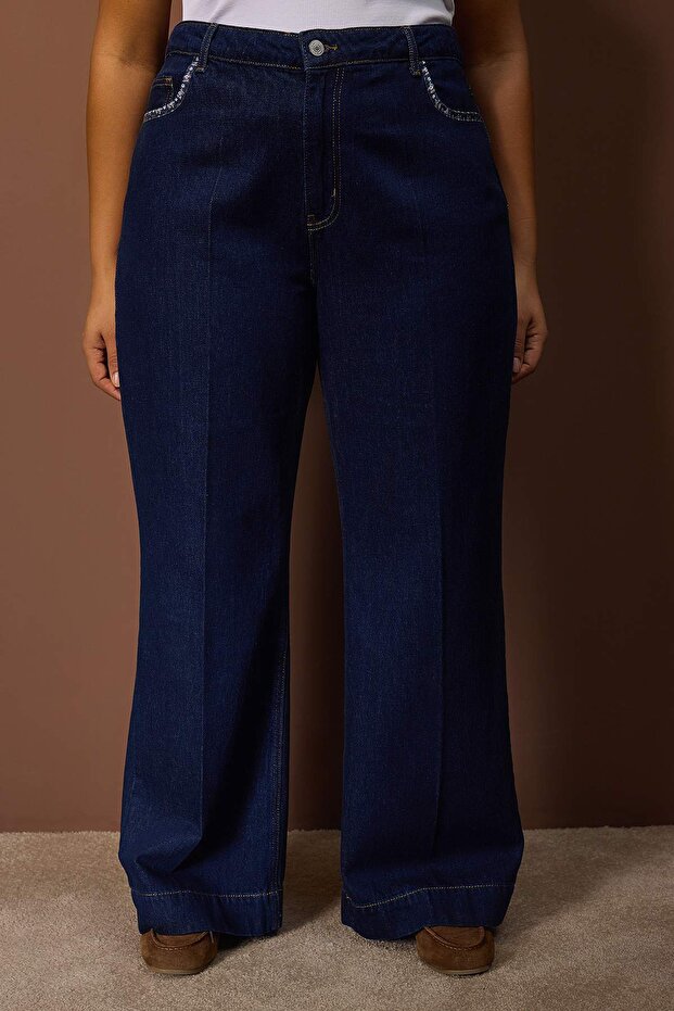 Özel Koleksiyon Koyu Mavi Cep Detaylı Straight Fit İnce %100 Pamuk Non-Stretch Jeans TBBAW26CJ00021 - 3