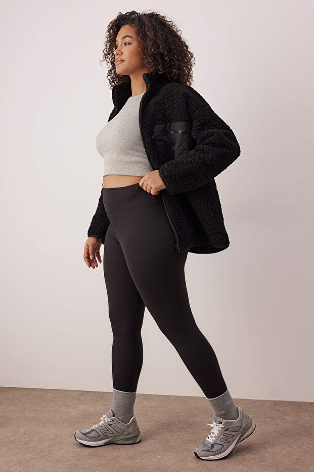 Siyah Soft Fırçalı Kumaş Reflektör Baskı Detaylı Tam Boy Örme Spor Tayt TBBAW26BV00007 - 2