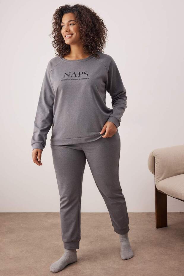 Szary drukowany bawełniany dzianinowy komplet dresowy w dużym rozmiarze TBBAW23AI00016 - 2