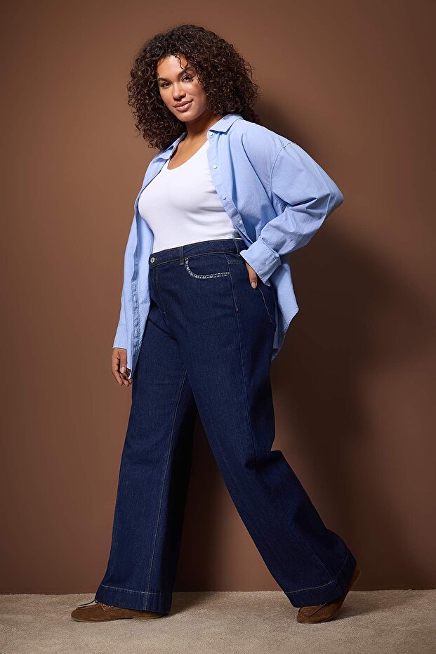Özel Koleksiyon Koyu Mavi Cep Detaylı Straight Fit İnce %100 Pamuk Non-Stretch Jeans TBBAW26CJ00021 - 2