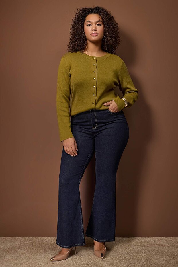Wardrobe Essentials Yağ Yeşili Düğme Detaylı Pamuklu Basic Triko Hırka TBBAW26AV00042 - 2