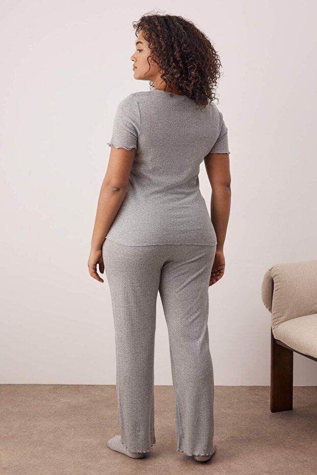 Gri Pointel Ajurlu/Delikli Örme Pijama Takımı TBBSS25AI00049 - 5