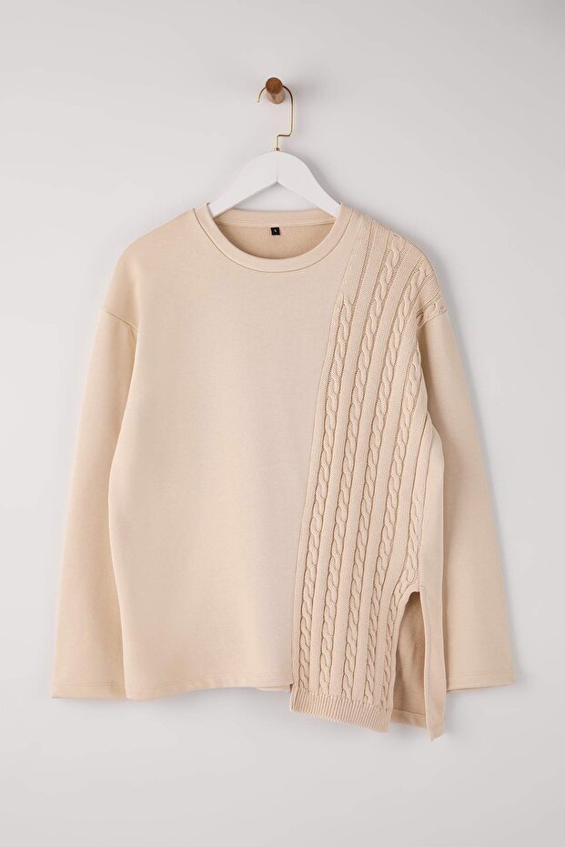 Taş Triko Detaylı Bisiklet Yaka Relaxed Örme Sweatshirt TWOAW26SW00076 - 5