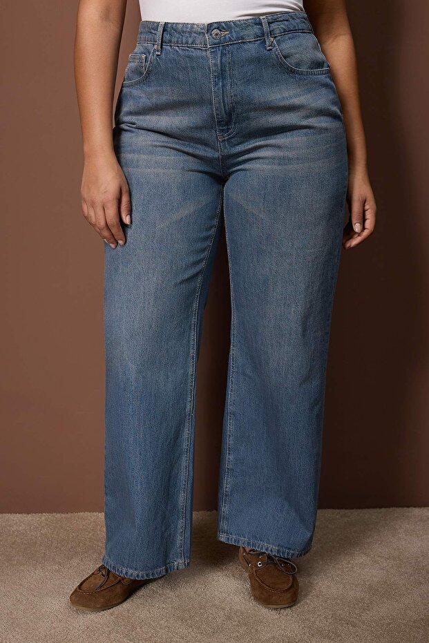 Indigo Yüksek Bel Wide Leg/Geniş Paça %100 Pamuk Non-Stretch Büyük Beden Jeans TBBAW26CJ00002 - 3