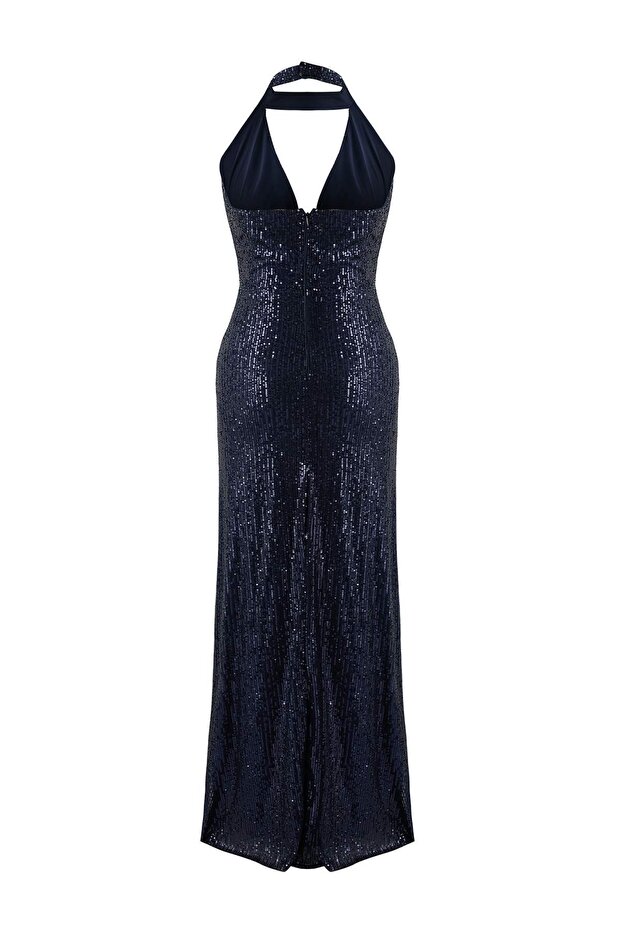 Lacivert Düz Örme Payet Maxi Abiye & Mezuniyet Elbisesi TPRSS25AE00189 - 6