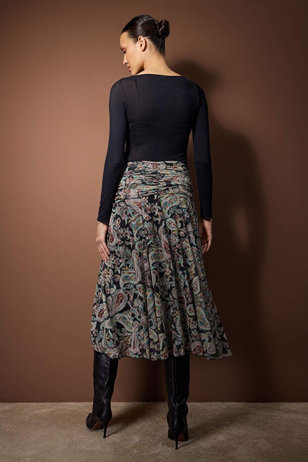 Çok Renkli Maxi Büzgü/Drape Detaylı Boho/Boho Chic Basklılı Tül Esnek Örme Etek TWOAW26ET00122 - 8