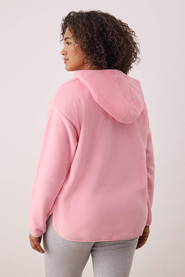 Pembe Kapüşonlu Kalın Polar Örme Büyük Beden Sweatshirt TBBAW23AO00064 - 5