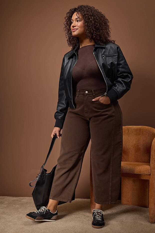 Kahverengi Yüksek Bel Bagyy Fit %100 Pamuk Non-Stretch Büyük Beden Jeans TBBSS25CJ00000 - 2