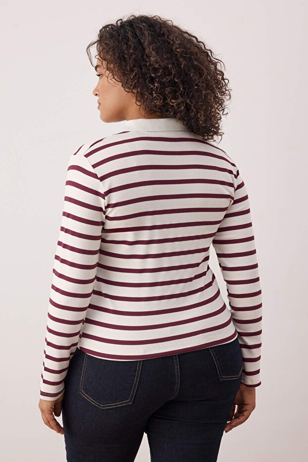 Bordo Polo Yaka Çizgili Crop Boy Örme Büyük Beden Bluz TBBAW26AF00109 - 4