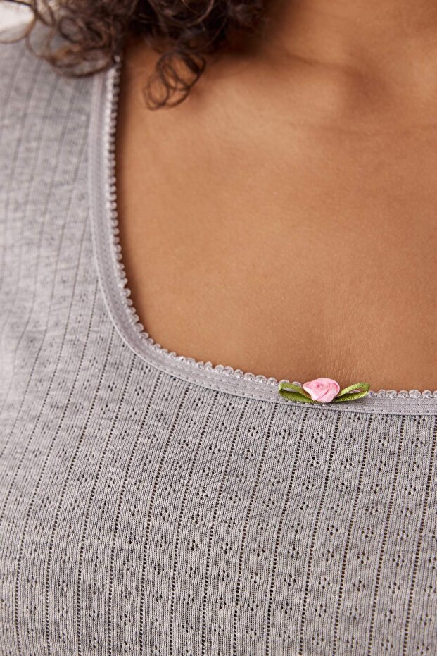 Gri Pointel Ajurlu/Delikli Örme Pijama Takımı TBBSS25AI00049 - 3