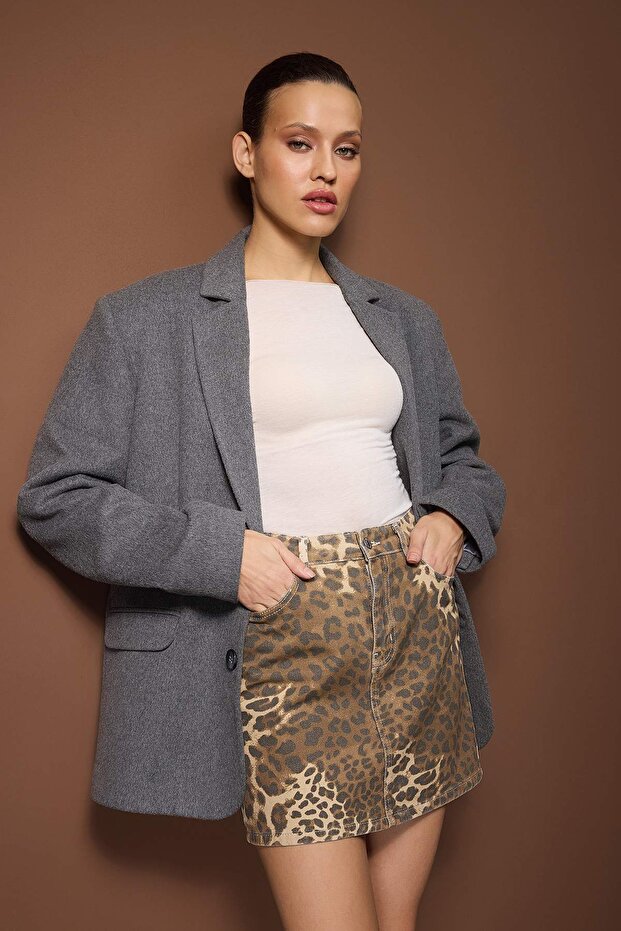 Çok Renkli Leopar Desenli Mini Denim Etek TWOAW26ET00049 - 1
