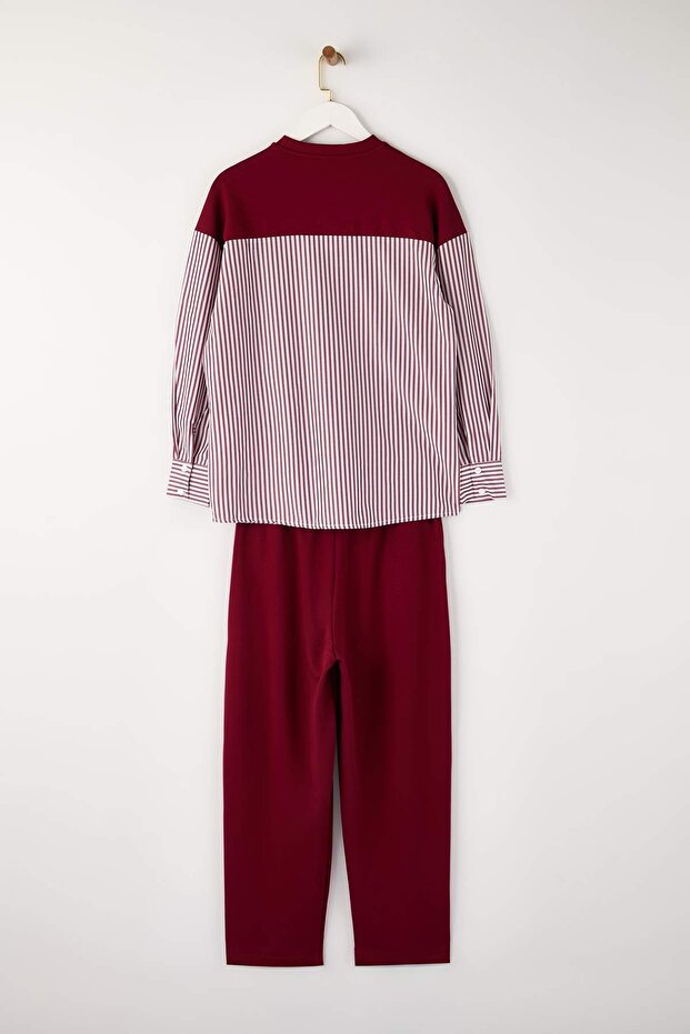 Bordo Çizgili Dokuma Kumaş Detaylı Örme Alt-Üst Takım TCTSS25US00042 - 8