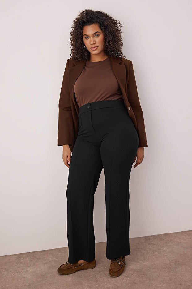 Siyah Nervür Detaylı Straight Fit Örme Büyük Beden Pantolon TBBAW26AR00029 - 2
