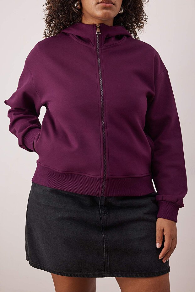 Mor Regular Fit Dökümlü Kumaş Önü Fermuarlı Büyük Beden Sweatshirt TBBAW26AO00031 - 3