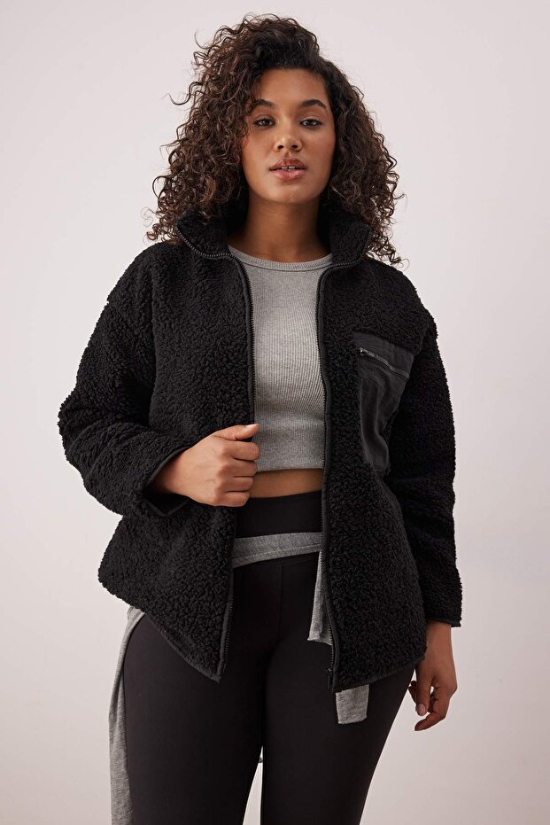 Winter Essentials Siyah Kalın Polar Fermuarlı Dik Yaka Cepli Örme Sweatshirt TBBAW26AO00022 - 2