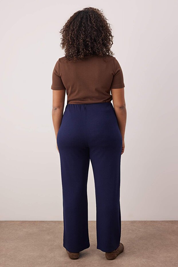 Koyu Mavi Nervür Detaylı Wide Leg/Geniş Paça Büyük Beden Eşofman Altı TBBAW26AJ00005 - 4