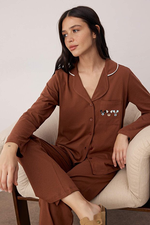 Kahverengi %100 Pamuklu Biye ve Cep Detaylı Baskılı Örme Pijama Takımı THMAW22PT0785 - 2