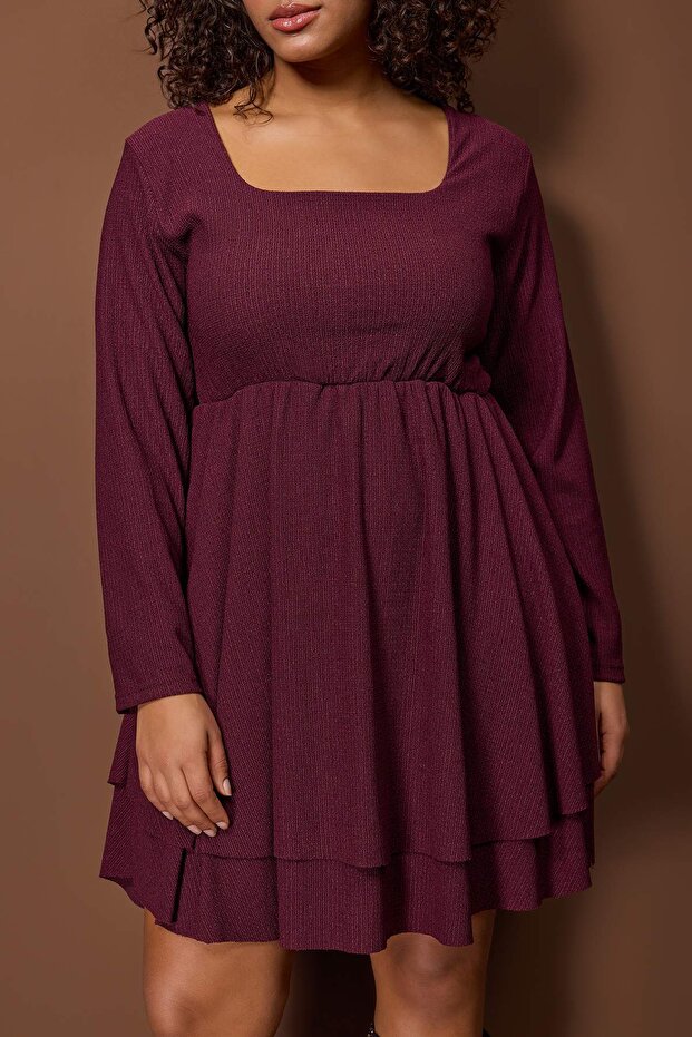Mürdüm Kare Yaka Skater/Belden Açılan Bürümcük Örme Büyük Beden Elbise TBBAW26AH00089 - 3