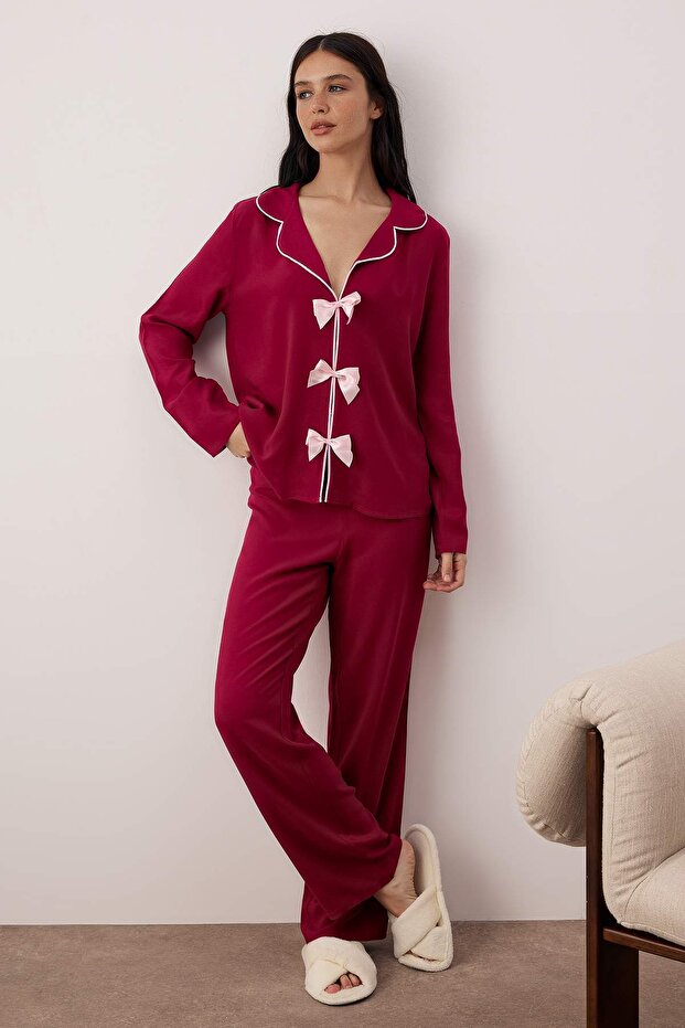 Vişne Kurdele/Fiyonk ve Biye Detaylı Viskon Dokuma Pijama Takımı THMAW25PT00032 - 1