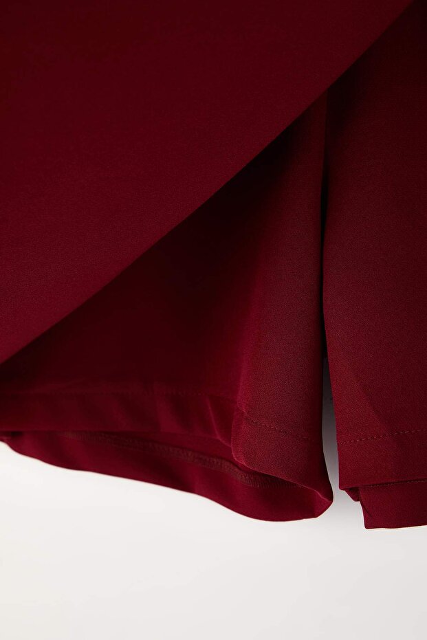 Bordo Dokuma Bağcık Detaylı Mini Büyük Beden Şort Etek TBBSS22AP00001 - 4