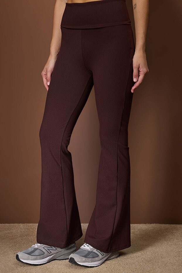 Kahverengi Fırçalı Soft Kumaş Bel Katlamalı Flare/İspanyol Paça Yoga Örme Spor Tayt THMAW26TY00001 - 3