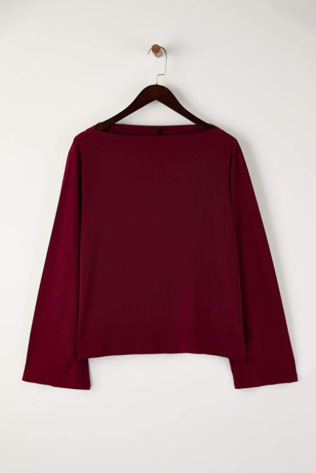 Bordo Relaxed/Rahat Kalıp İspanyol Kol Esnek Örme Bluz TBBAW26AF00103 - 5