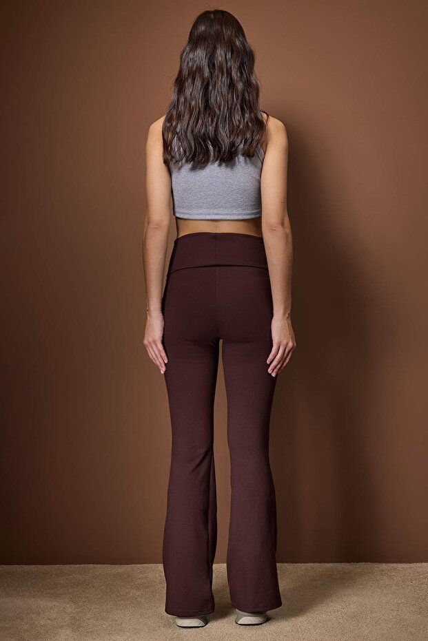 Kahverengi Fırçalı Soft Kumaş Bel Katlamalı Flare/İspanyol Paça Yoga Örme Spor Tayt THMAW26TY00001 - 4