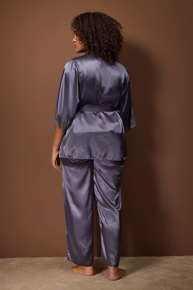 Antrasit 3'lü Çeyiz Set Dantel Detaylı Saten Dokuma Pijama Takımı TBBAW26AI00056 - 4