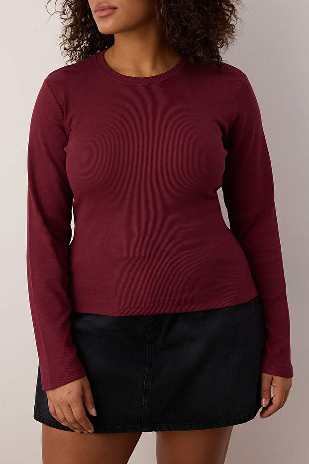 Ekru-Bordo 2'li Paket Crop Kaşkorse Örme Büyük Beden Bluz TBBAW26AF00055 - 3