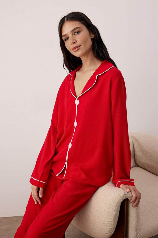 Bordo Kalp Nakışlı Biyeli Viskon Dokuma Pijama Takımı THMAW25PT00179 - 2