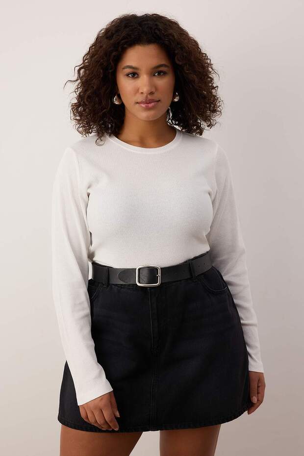 Ekru-Bordo 2'li Paket Crop Kaşkorse Örme Büyük Beden Bluz TBBAW26AF00055 - 5
