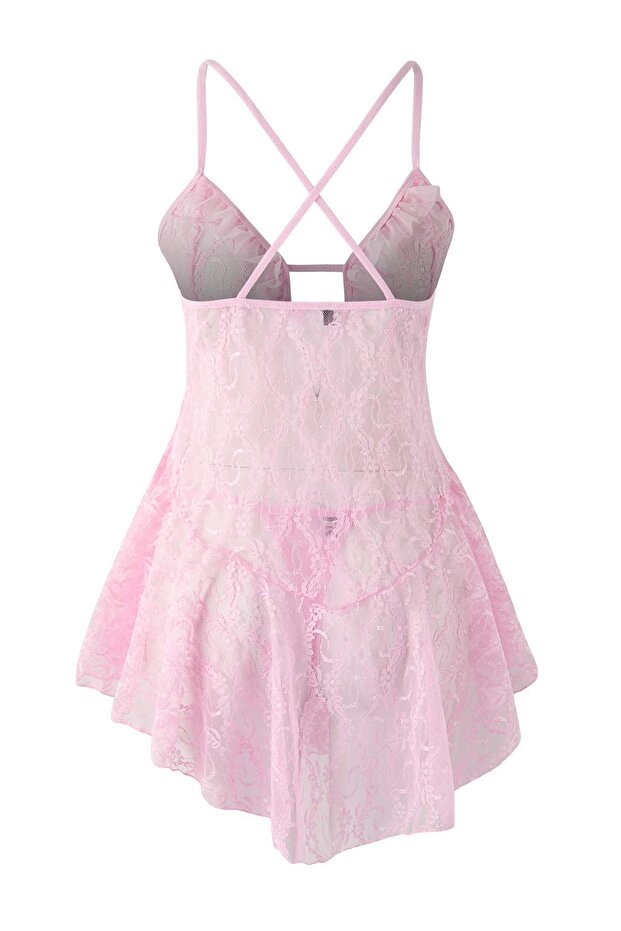 Pembe Pencere/Cut Out Detaylı Külotlu Dantelli Kapsız Örme Babydoll/Fantezi Gecelik THMSS25CY00004 - 8