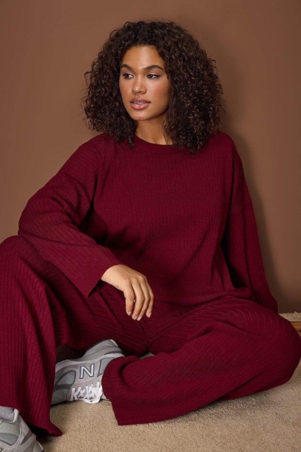 Bordo Fitilli Bisiklet Yaka Triko Kazak Pantolon Takım TBBAW23CP00044 - 1